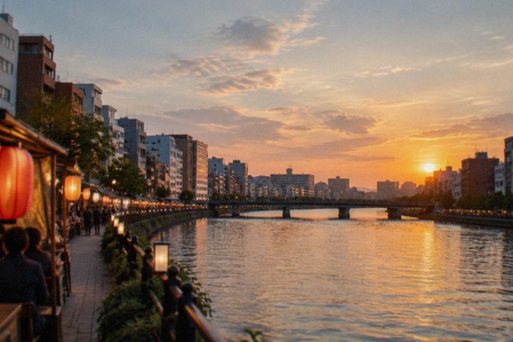 Evening lanterns glowing along the Naka River in Nakasu with food stalls along the bank
