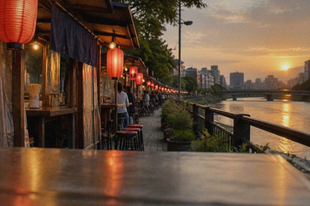 Evening food stalls with red lanterns lined up along a river in a Japanese city