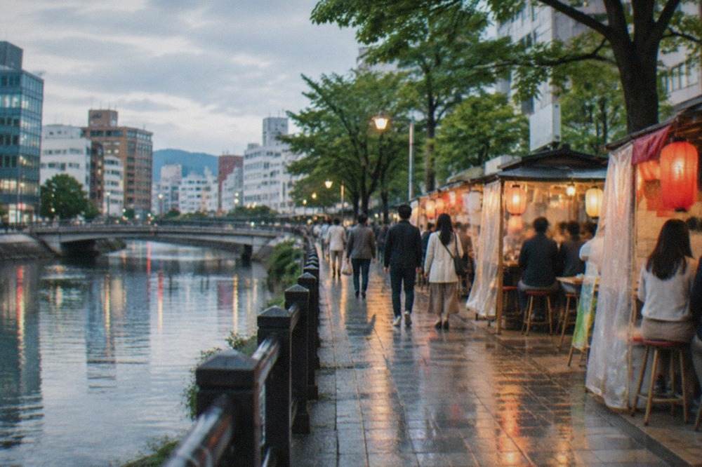 Night street food stalls with lanterns glowing along the river in central Fukuoka