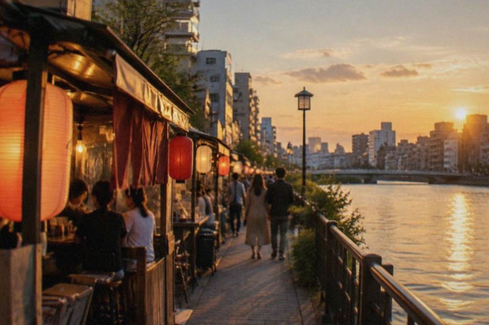 Evening food stalls glowing along the Naka River in the Nakasu district of Fukuoka