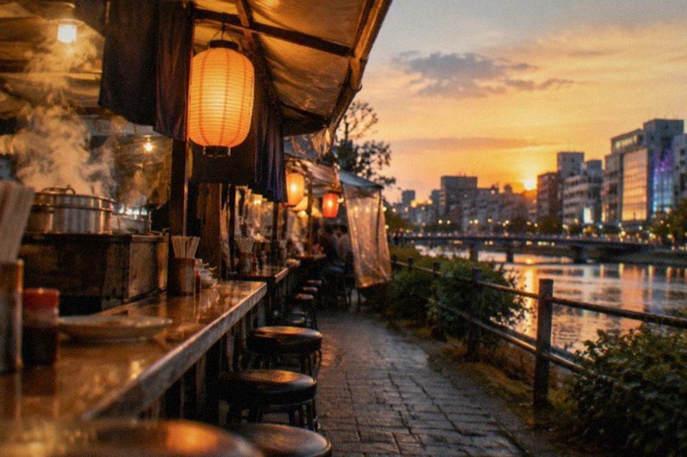 Evening yatai food stalls glowing along the Naka River in Nakasu