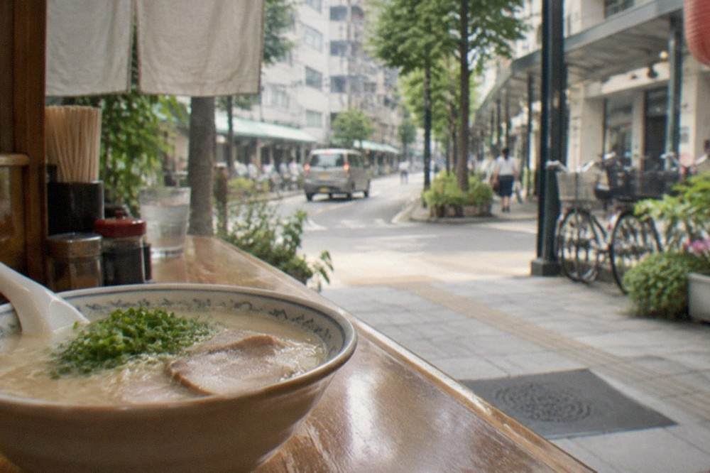 Bowl of tonkotsu ramen with thin noodles and sliced pork on a wooden counter