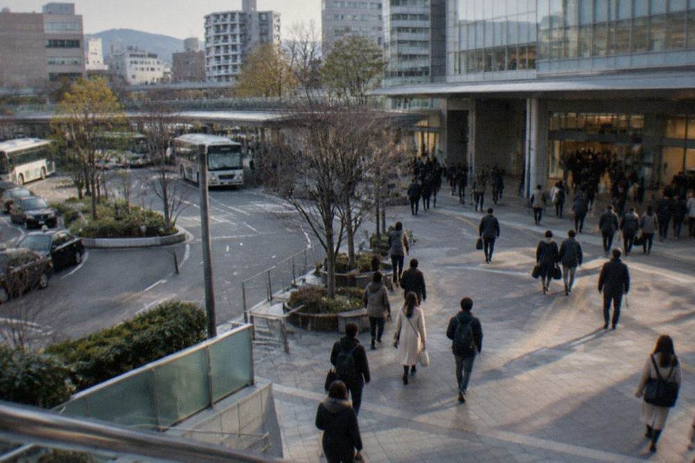 A wide plaza in front of Hakata Station with commuters walking toward the entrances