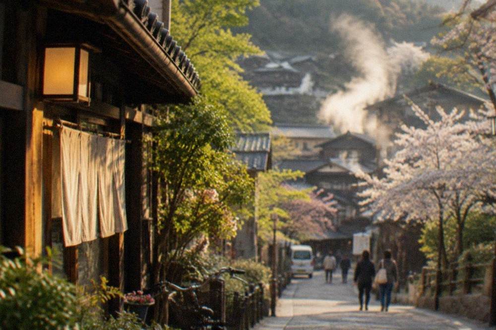 Steam rising from hot spring sources in a Japanese onsen town with wooden buildings on a hillside