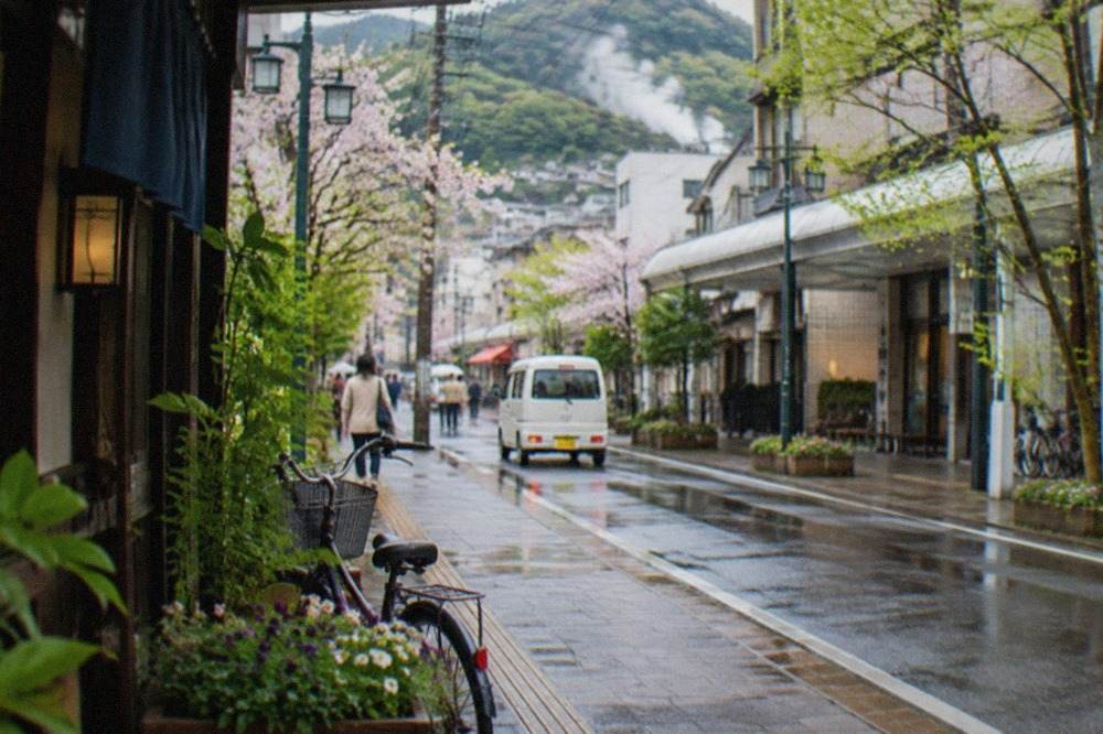Steam rising from hot spring sources on a forested hillside in Kyushu