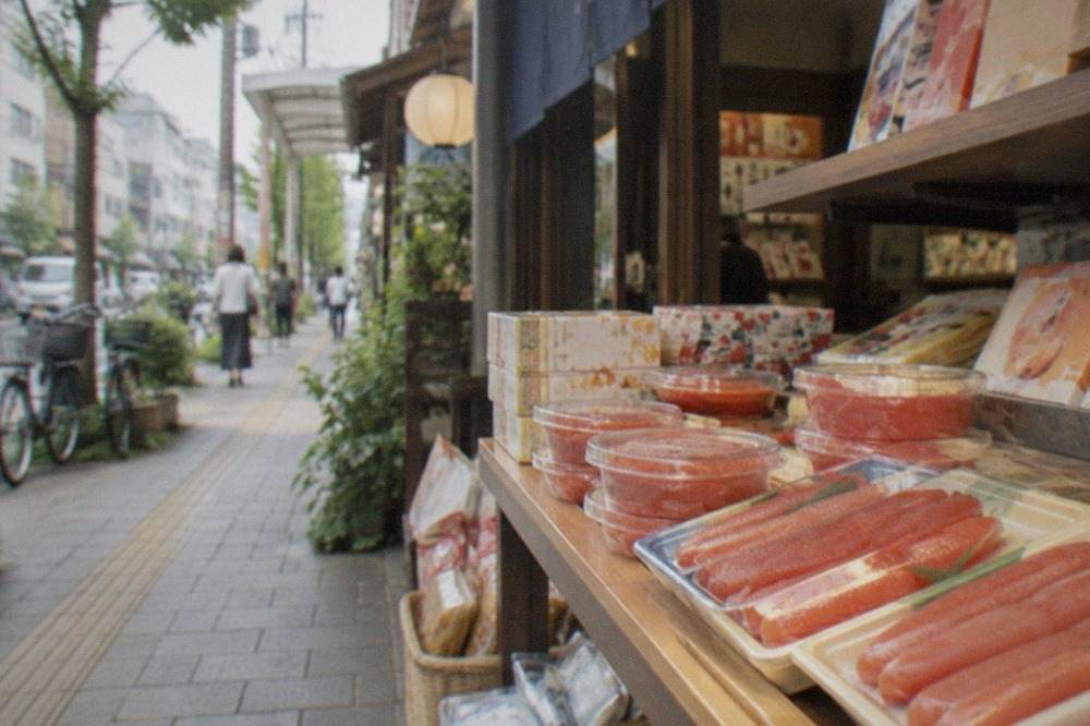 Rows of packaged mentaiko and local snack boxes on a shop shelf in a Fukuoka souvenir store