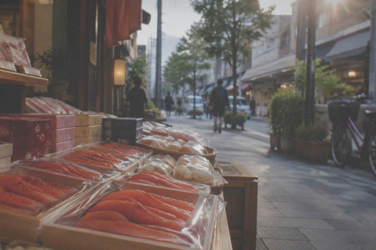 Rows of packaged mentaiko and local snack boxes on a shop shelf in a Fukuoka souvenir store