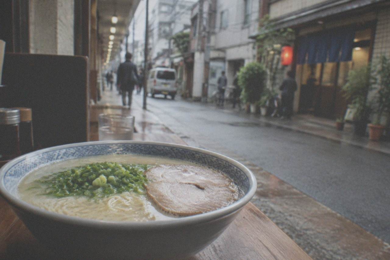 Bowl of milky tonkotsu ramen with thin noodles, chashu pork and green onion on a wooden counter