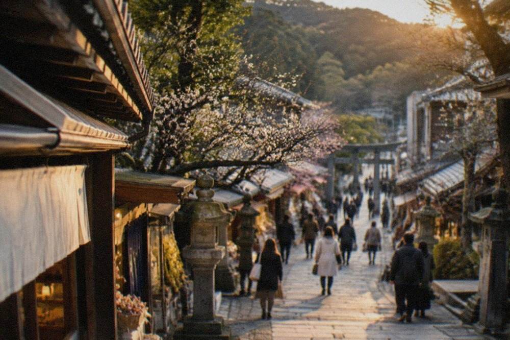 The approach to a shrine in Dazaifu lined with shops and stone lanterns under trees