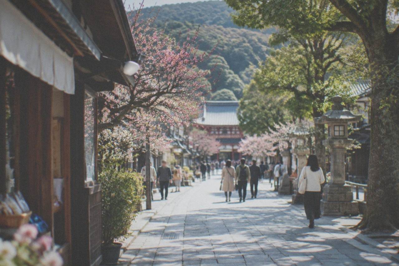 The approach to a shrine in Dazaifu lined with shops and stone lanterns under trees