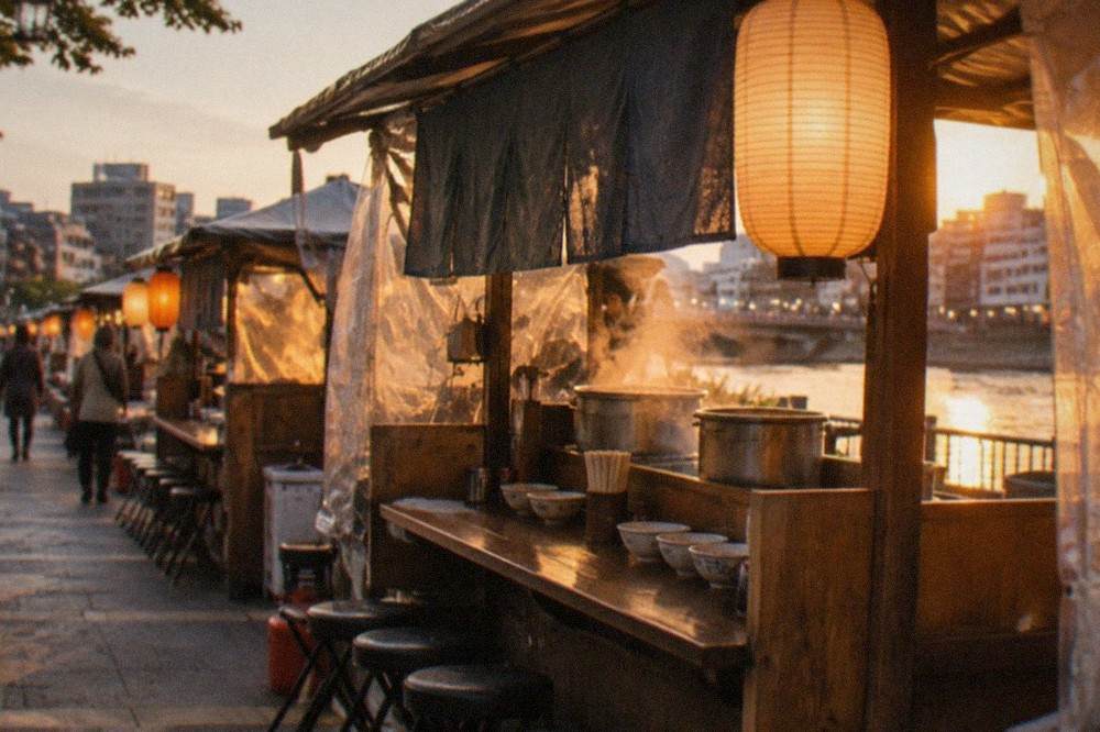Steam rising from a noodle pot behind a wooden counter lit by a single lantern, with bowls lined up on the bench