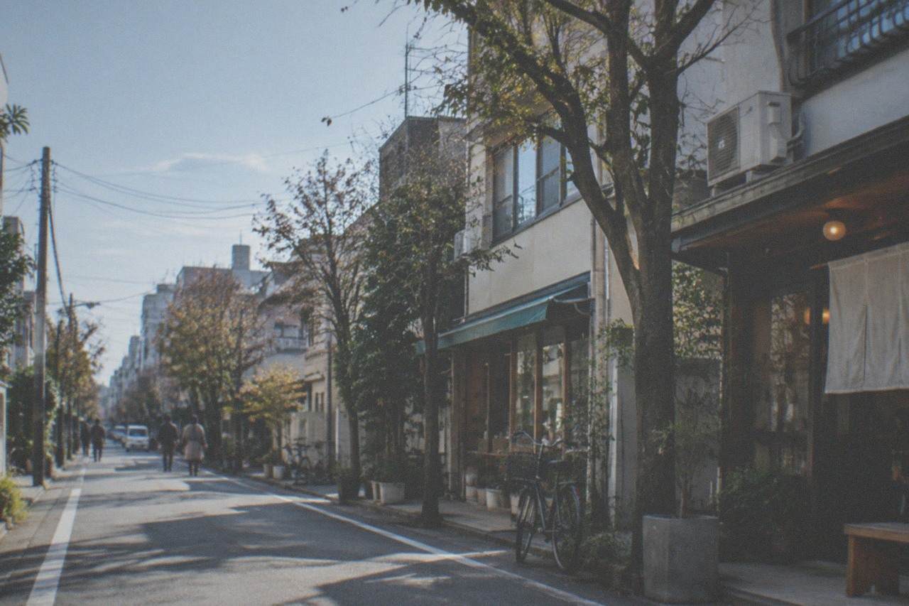 A quiet Daimyo side street with small shopfronts and leafy street trees