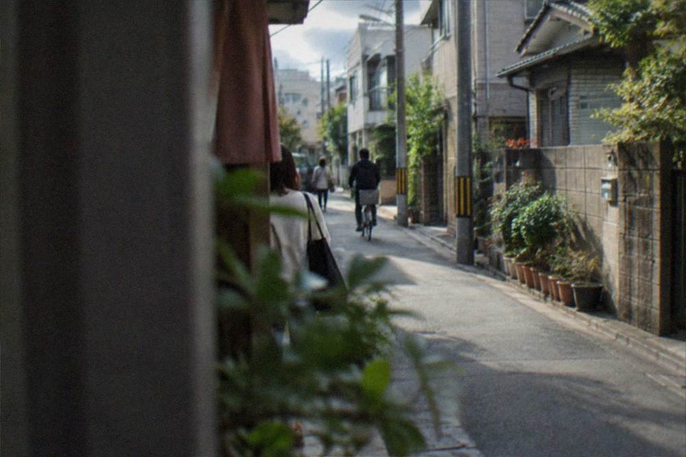 A narrow residential street in eastern Hakata ward with low houses, walls and potted plants