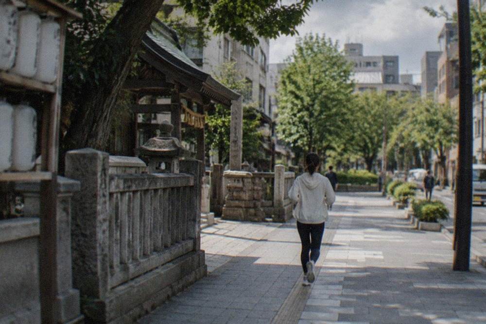 A quiet tree-lined street in central Fukuoka with low buildings and a small park visible ahead