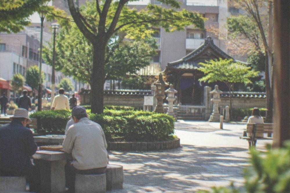 A small city park with benches, trees and people playing a board game at a stone table