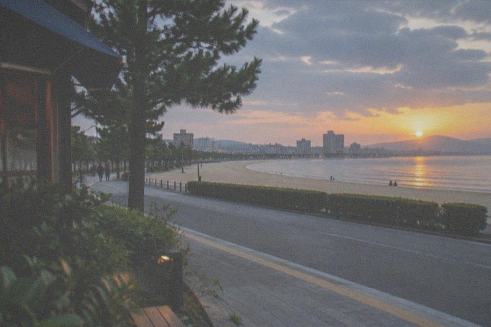 Sunset over a calm bay with a long sandy shoreline and distant city lights beginning to glow