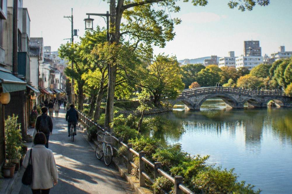 A pond with a stone bridge and city skyline behind trees at a large urban park
