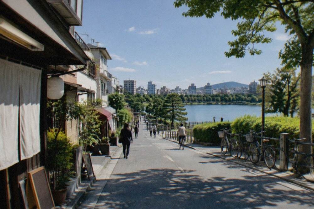 A calm lake surrounded by pine trees with a city skyline rising behind it