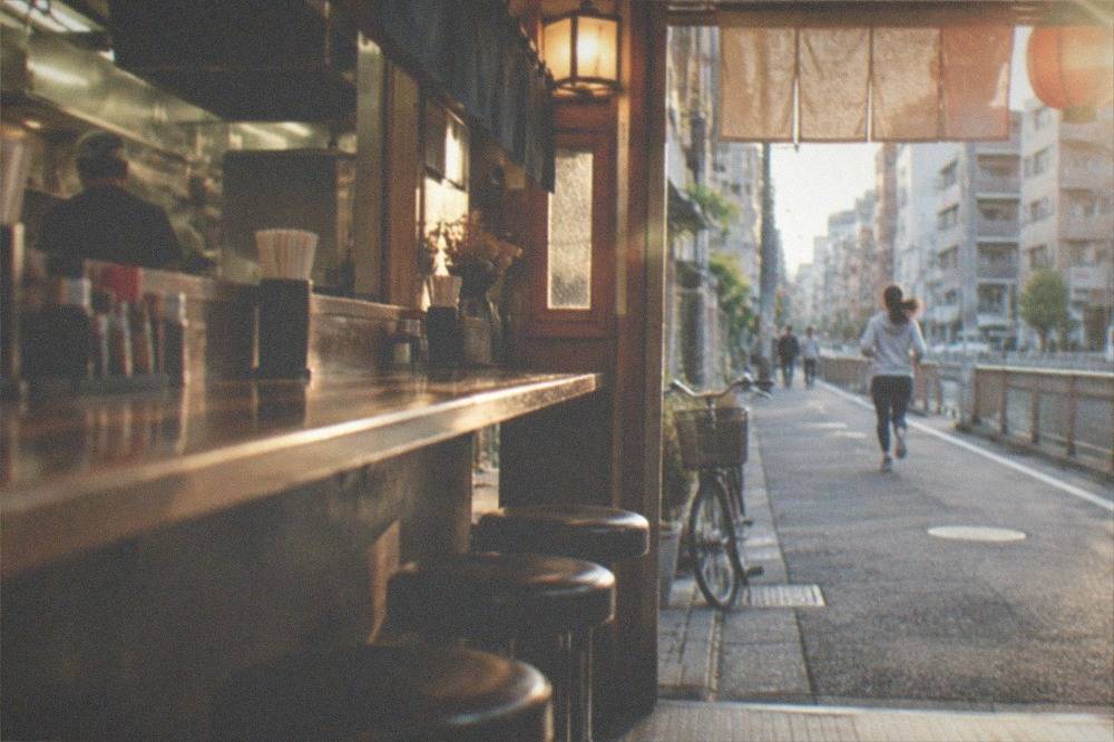 A small counter restaurant interior with stools along a wooden bar