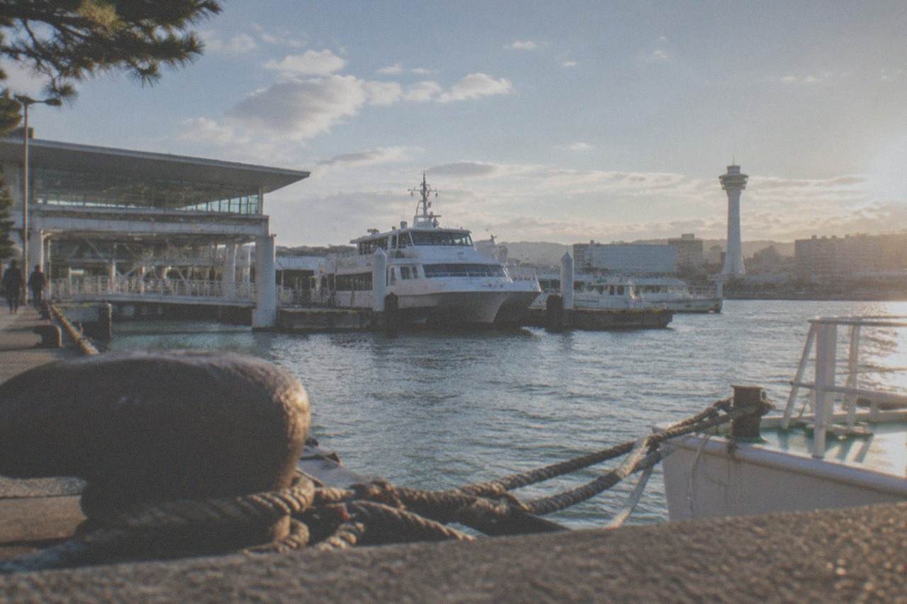 Waterfront plaza beside a harbour with moored boats and a tall white observation tower against a blue sky