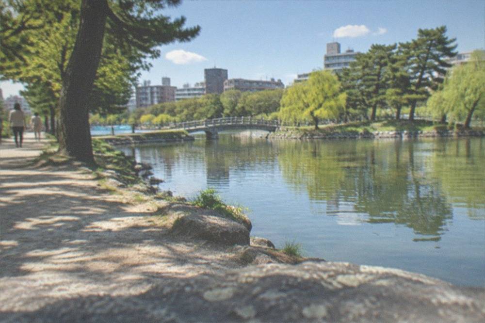 Walking path beside a pond with trees reflected in the water at Ohori Park