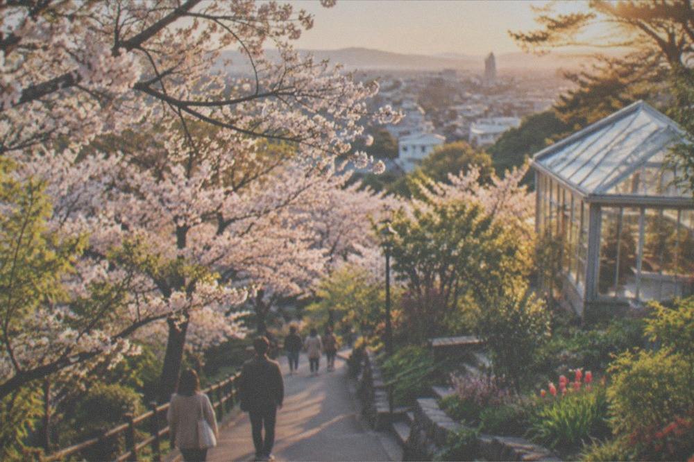 Cherry blossom trees in full bloom along a park path