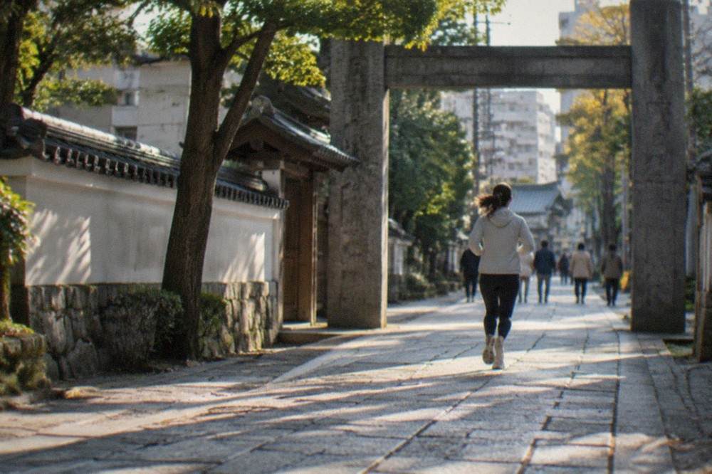 The stone gate and tree-lined approach to a temple in Hakata Old Town on a clear morning.