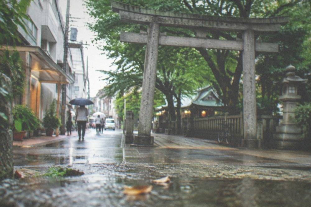 Stone torii gate and trees at a shrine entrance on a quiet side street in Hakata