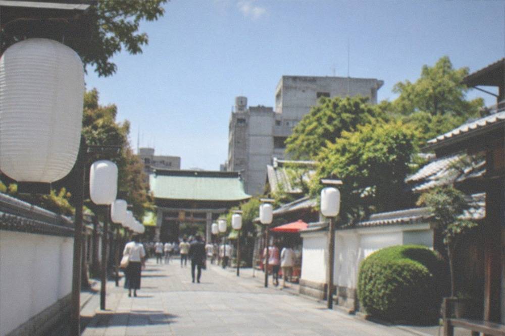 Lantern-lined street in Hakata old town leading toward Kushida Shrine