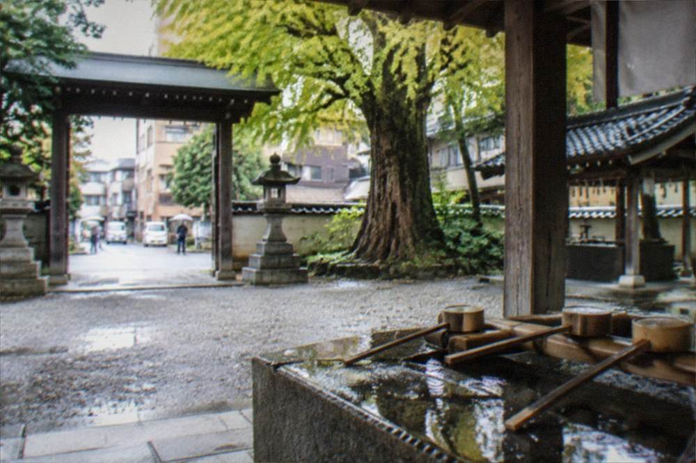 Water purification basin with wooden ladles at a Japanese shrine
