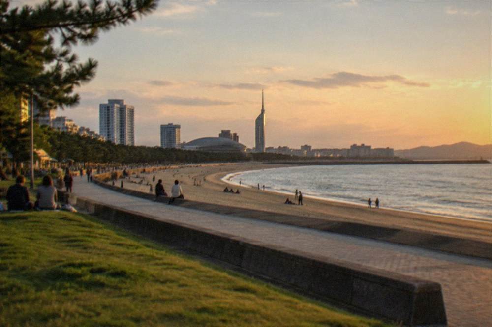 Sandy bay beach curving toward a distant city skyline