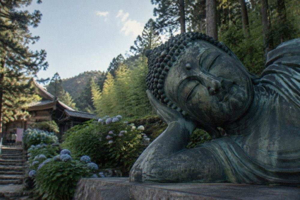 Close view of the bronze Buddha's face resting on its hand with a serene expression