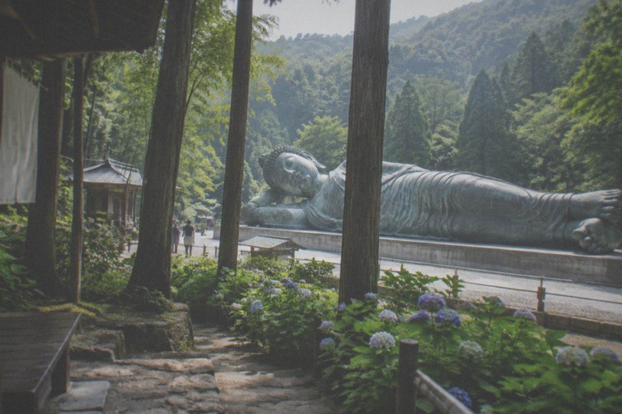 A very long bronze reclining Buddha statue lying in an open plaza surrounded by pine-covered hills
