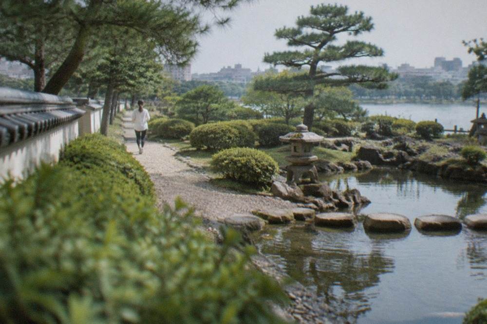 A traditional Japanese garden pond with stone lanterns and pine trees beside a large lake