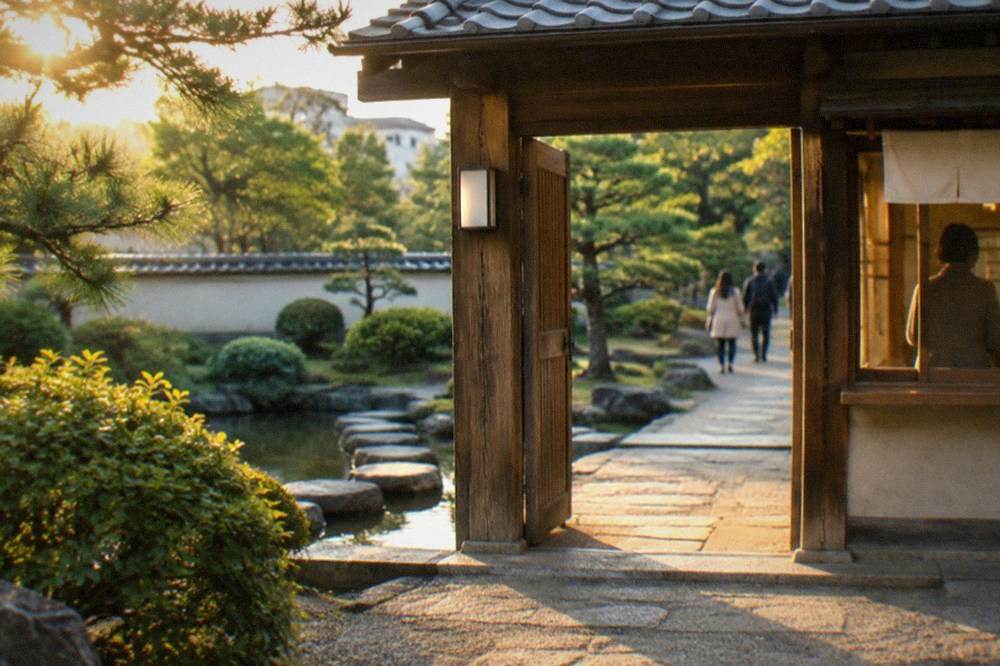 A wooden gate entrance to a Japanese garden with a ticket window