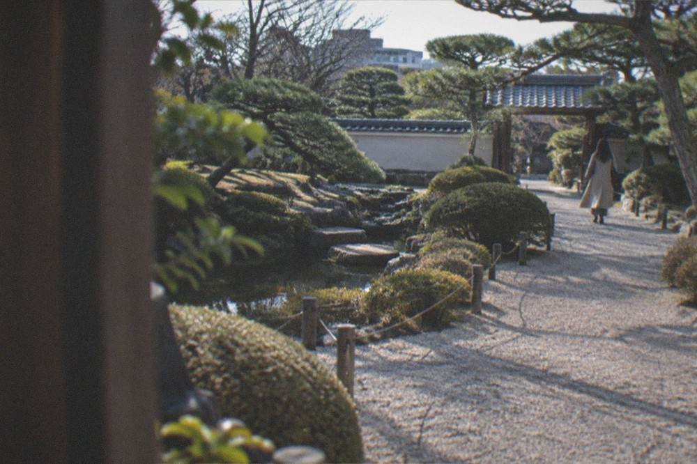 A gravel garden path curving past trimmed pines toward a wooden gate