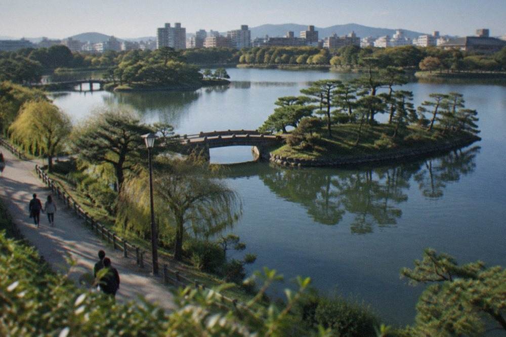 A large pond with islands and pine trees reflecting in still water at a city park