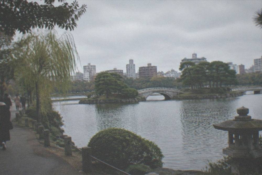 A traditional Japanese garden with clipped shrubs, a stone lantern and water