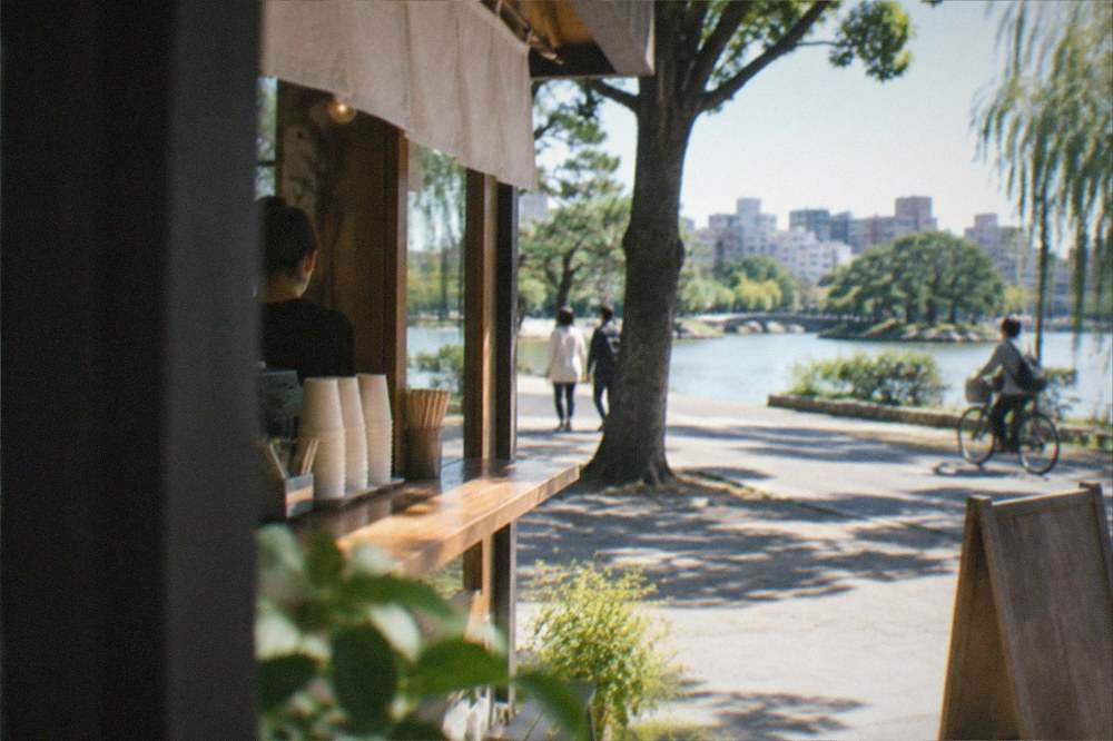 A café counter with coffee cups on a quiet street beside trees