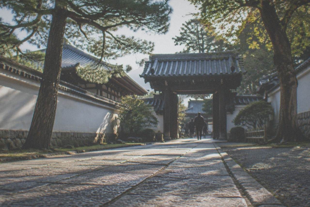 A stone path approaching a dark wooden temple gate under tall trees