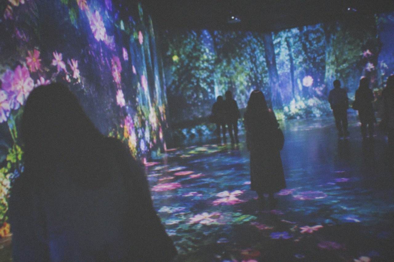 A dark gallery room where projected flowers and glowing forest light cover the walls and floor