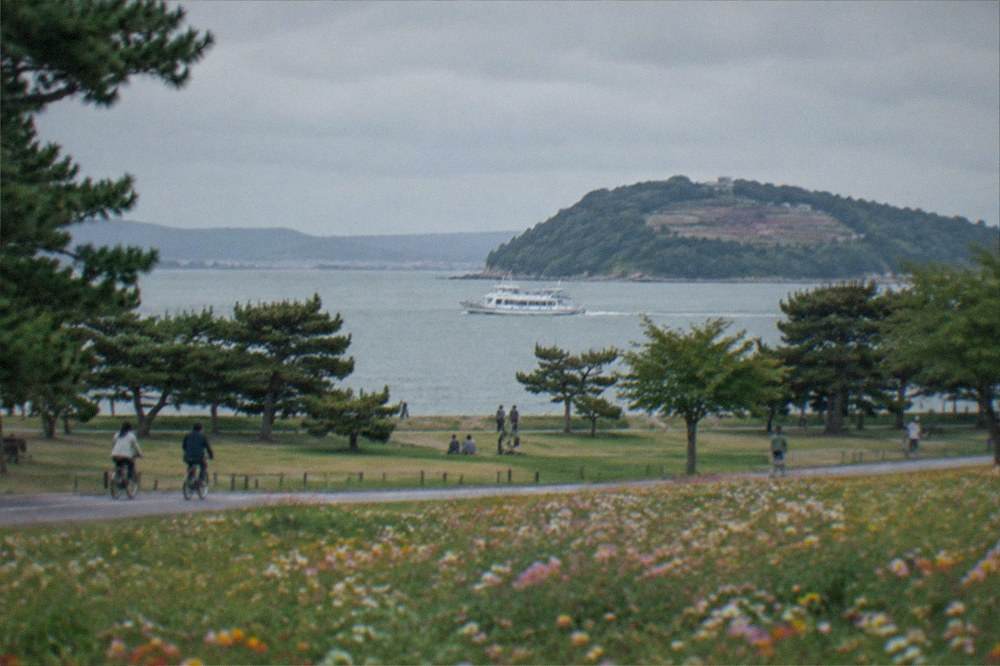 A passenger ferry crossing calm bay water toward a green island with flower terraces