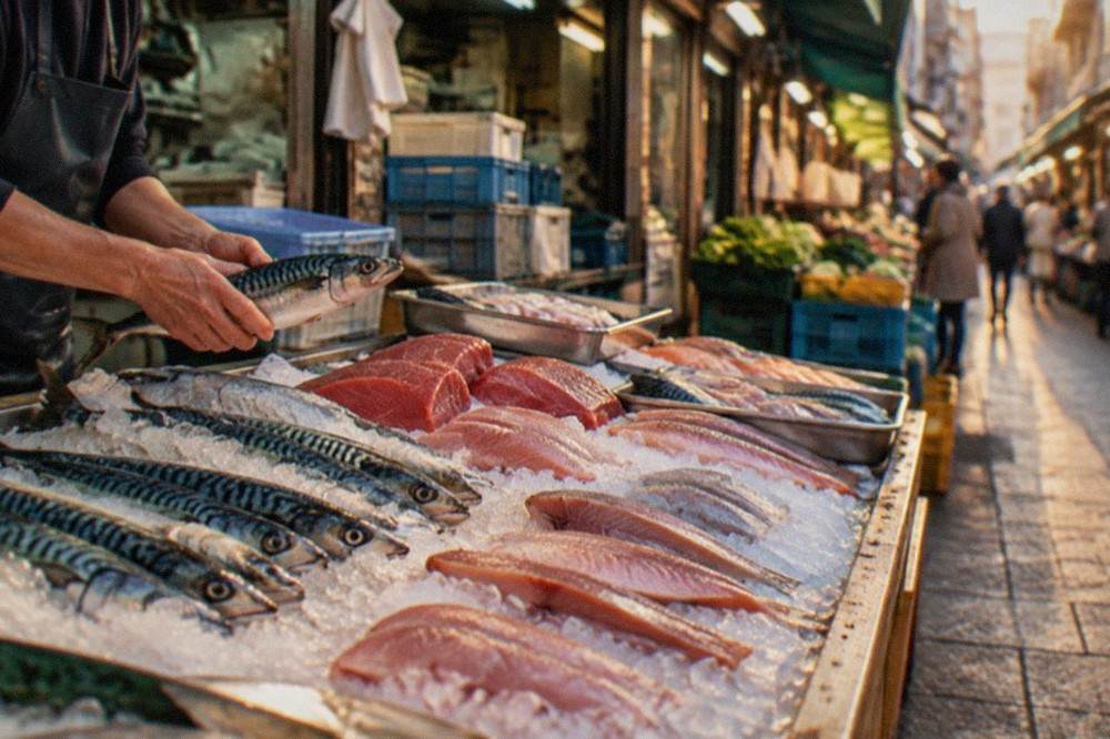 Fishmonger displaying whole mackerel and cut fillets on a bed of ice at a market counter