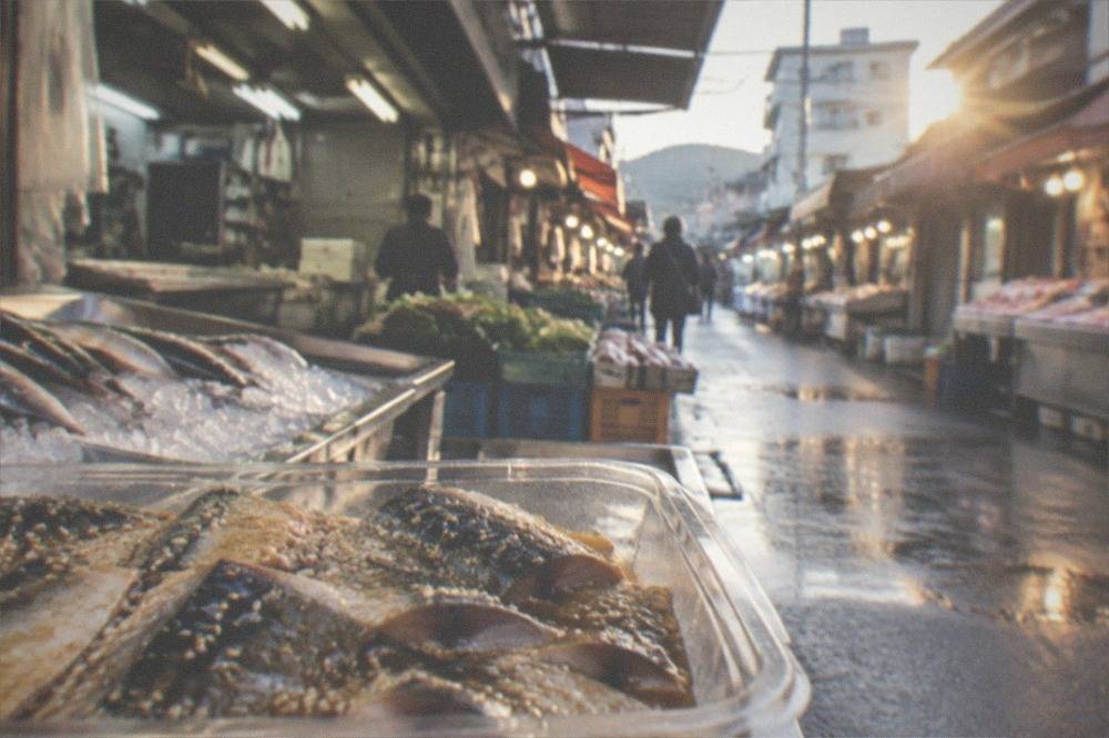 Sesame-marinated mackerel fillets packed in a clear container at a food stall