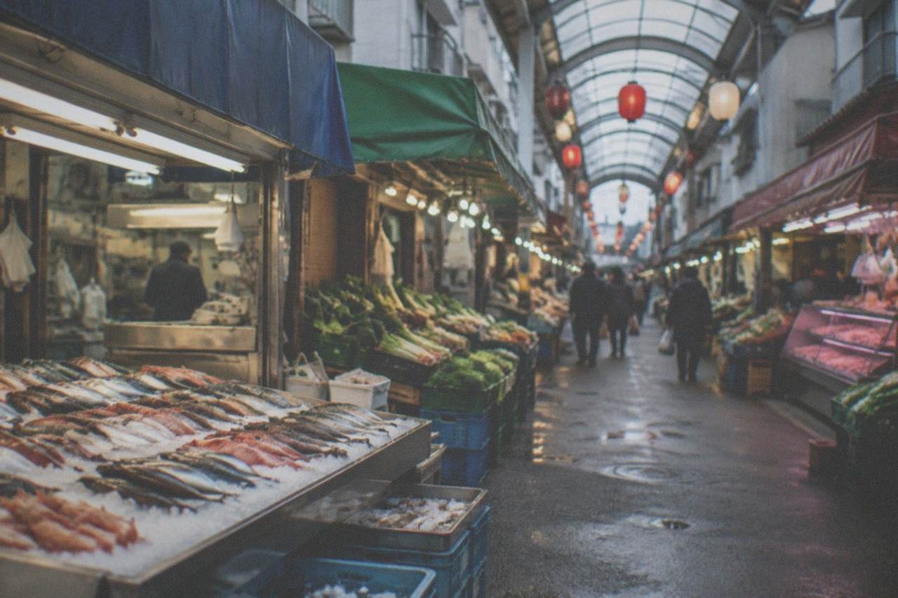 Covered shopping arcade with small fish shops and hanging lanterns in Fukuoka
