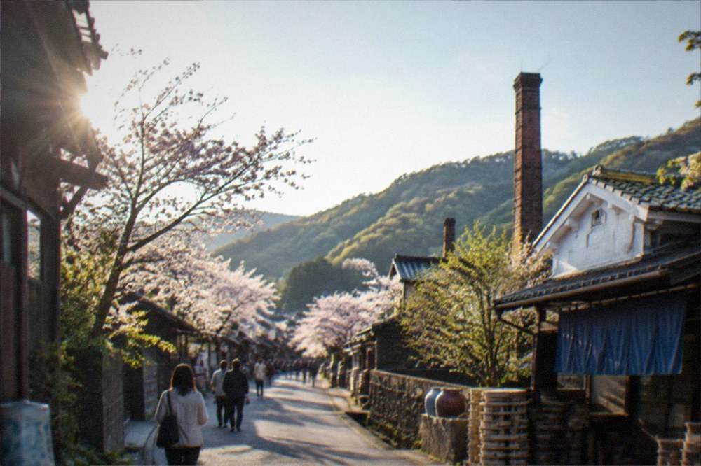 Cherry blossom trees lining a small town street with workshop buildings
