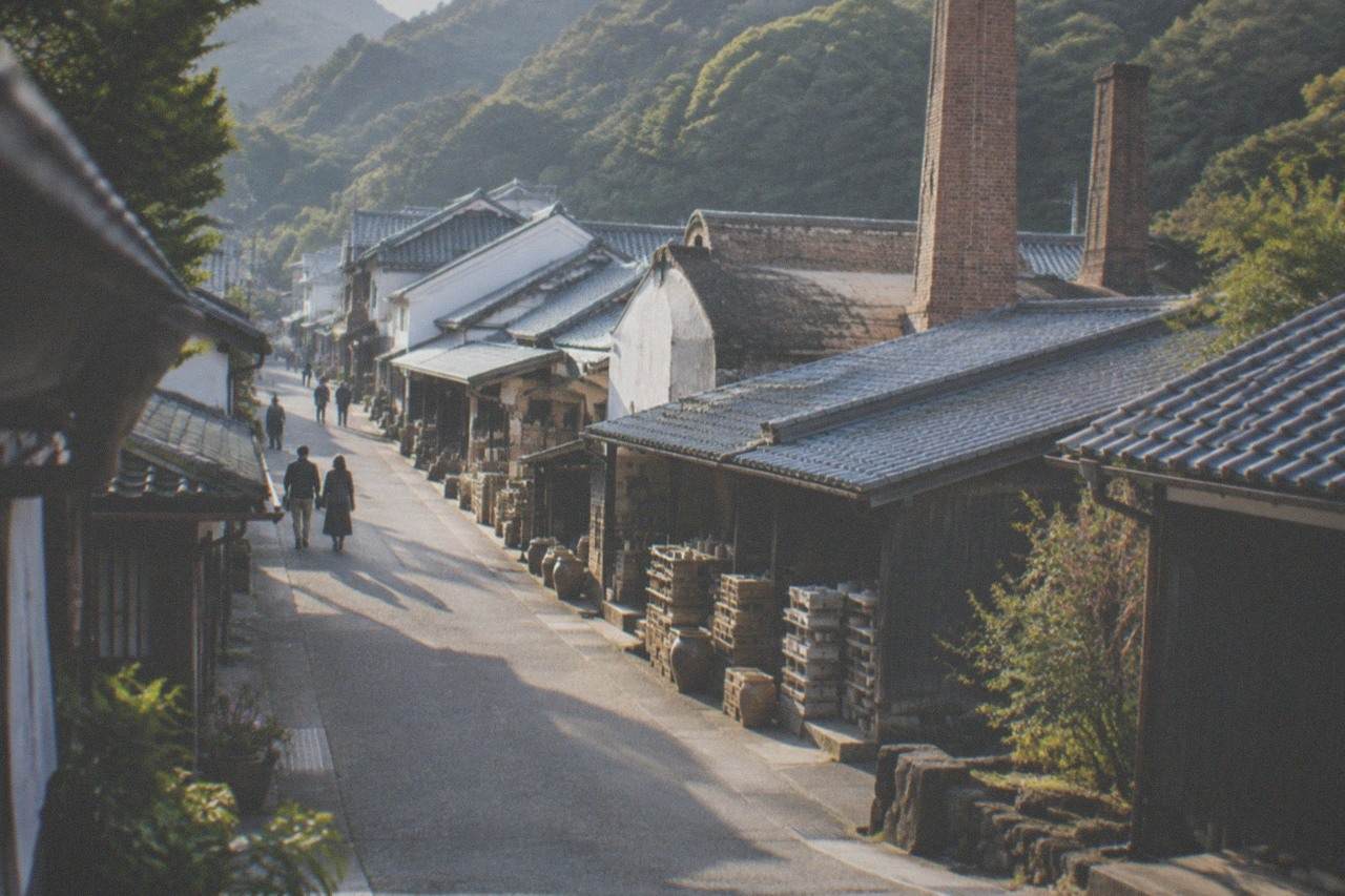 A quiet street of low porcelain workshops and kiln buildings beneath green hills in a small Japanese town