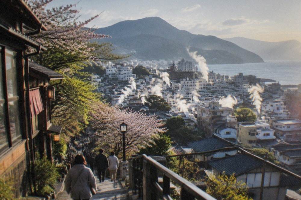 Steam rising from hot spring vents on a hillside above a coastal Japanese town
