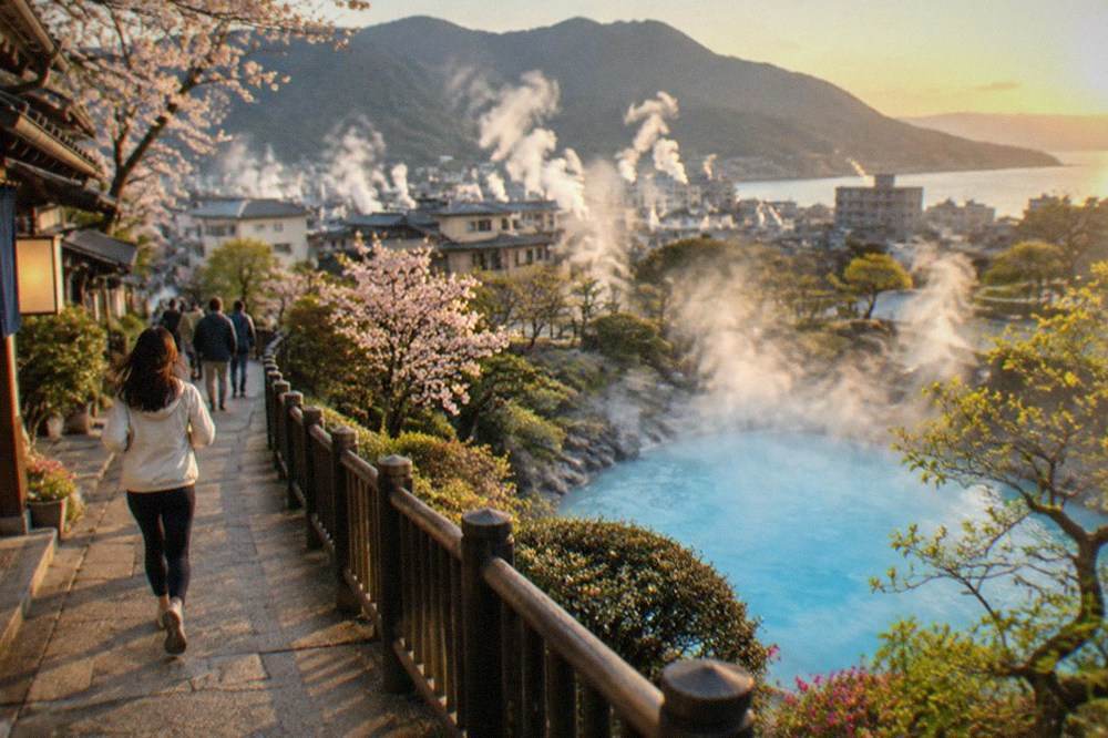 A bright blue boiling hot spring pond steaming in a garden