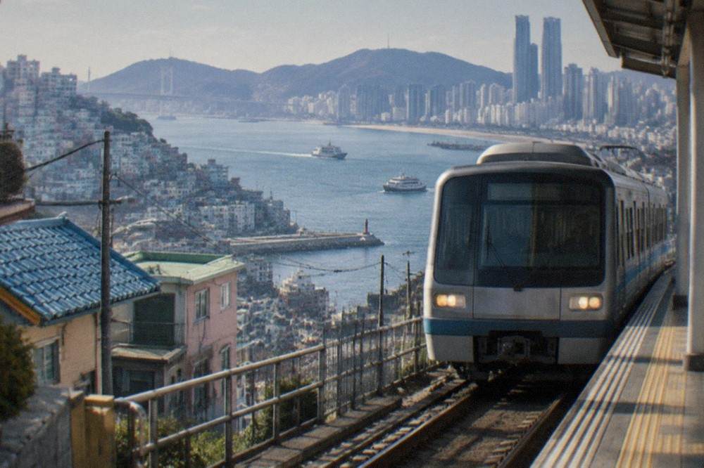 A subway train arriving at a bright station platform in Fukuoka